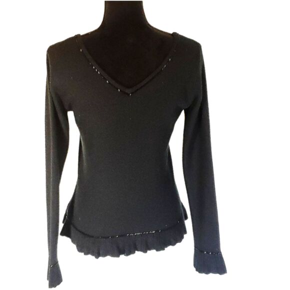 Tommy Hilfiger Black Beaded V-neck Ruffle Sweater Size S/P - Picture 2 of 6